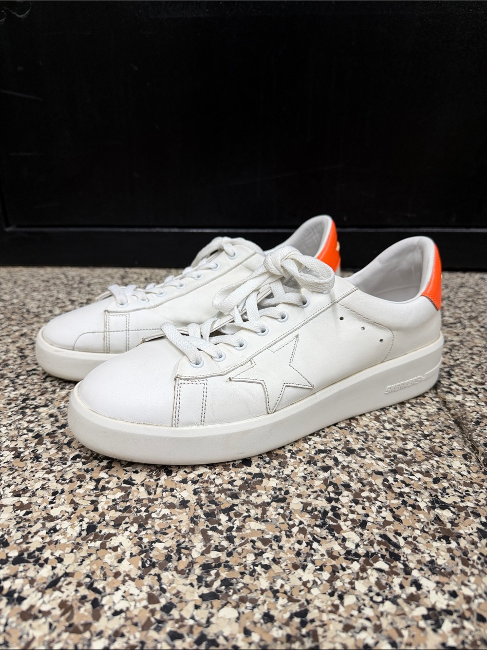 Golden Goose White Leather Pure Star Sneakers with Orange Heel Like New Size 11
